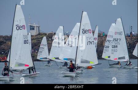 I gommoni a vela RS Aero arrivano a riva dopo aver gareggiato nei campionati nazionali di North Berwick Foto Stock