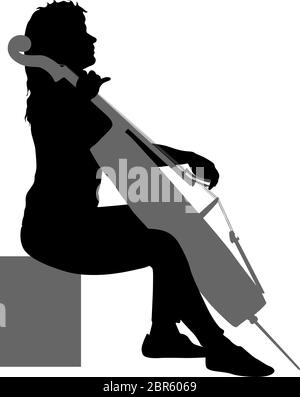 I contorni di un musicista che gioca il violoncello su uno sfondo bianco. Illustrazione Vettoriale