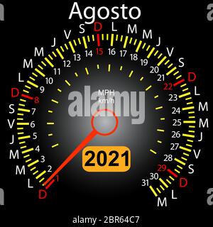 2021 anni calendario tachimetro auto in spagnolo agosto. Illustrazione Vettoriale