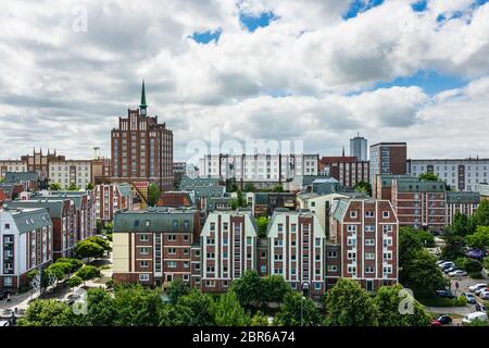 Vista di edifici storici di Rostock, Germania. Foto Stock