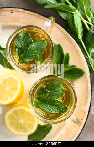 Preparate di fresco menta tè alle erbe in bicchieri, guarnite con foglie di menta, fotografato overhead (messa a fuoco selettiva, concentrarsi sulle foglie del tè) Foto Stock