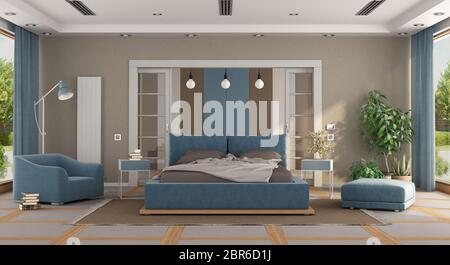 Luxury blu e marrone a camera da letto padronale con letto doppio, poltrona, sgabello e dressroom sullo sfondo - il rendering 3D Foto Stock