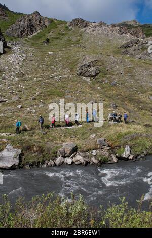 Escursioni guidate per gruppi sul sentiero del fiume Savage nel Denali National Park, Alaska, USA Foto Stock