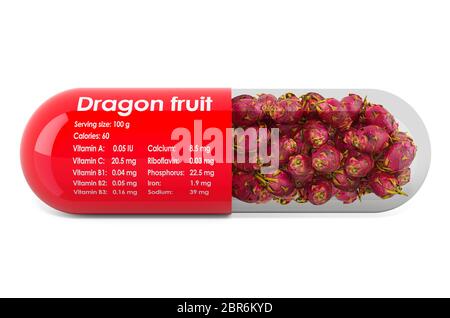 Pitaya, vitamine e minerali composizione in frutta drago. Rendering 3D isolato su sfondo bianco Foto Stock