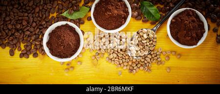 Specialty Coffee panorama banner con un assortimento di arrosti e i fagioli crudi sparsi in legno di colore giallo con tre tazze di caffè appena macinato e verde lea Foto Stock