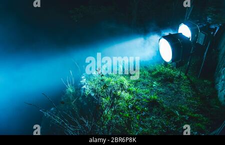 i faretti si illuminano nella foresta di notte. Foto Stock