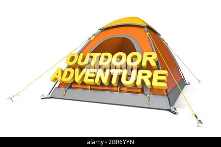 Tenda arancione con testo OUTDOOR ADVENTURE in 3D rendering immagine isolata su sfondo bianco Foto Stock