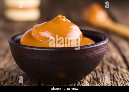 Latin American Dolce caramello-come Manjar o Dulce de leche utilizzato come diffondere o riempimento in cottura, fotografato in una piccola ciotola con alfajor cookie e a s Foto Stock