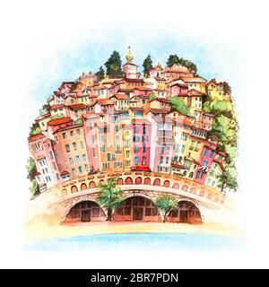 Disegno ad acquerello di colorata vecchia città e la spiaggia nella soleggiata Menton, perle de la France sulla Costa Azzurra, Francia Foto Stock