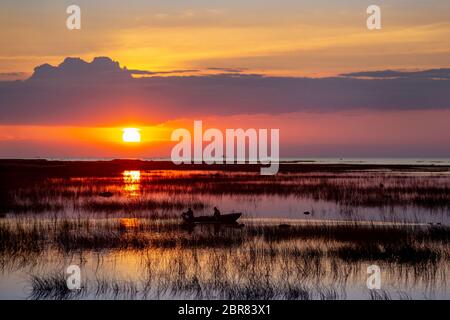 Silhouette di una barca da pesca con due pescatori, galleggianti a remi sulle acque calme e limpide del lago, coperto di siepe al crepuscolo contro la schiena Foto Stock