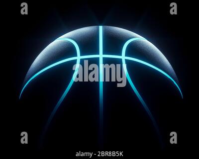 3D rendering del futuristico concetto sport pallacanestro, illuminata con linee blu su sfondo nero Foto Stock