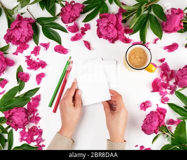 Le mani delle donne sono in possesso di un fustellato foglio di carta bianco e giallo di una coppa in ceramica con caffè nero su uno sfondo bianco, accanto ad essa si trova un bouquet di Foto Stock