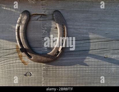 Un ferro di cavallo su una tavola di legno è stato probabilmente utilizzato come portafortuna al di sopra di una porta Foto Stock