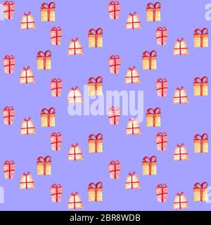 Seamless pattern di Natale con confezioni regalo. Disegnate a mano di colore arancione e rosso confezione di festa con nastri di colore rosso su sfondo viola. Foto Stock