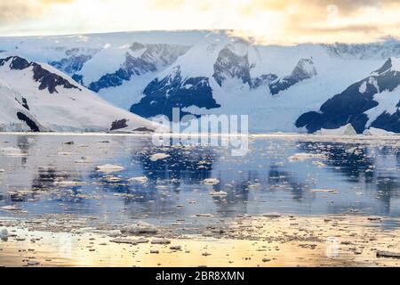 Ghiacciai, iceberg e ghiaccio galleggianti in una mattina tranquilla a Neko Harbour, Antartide Foto Stock