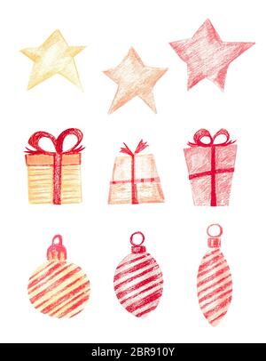 Set di regali di Natale, stelle e decorazioni di Natale. Scatole di festa nella carta di avvolgimento con nastri di colore rosso. Stelle rosso, giallo e arancione. Natale bal Foto Stock