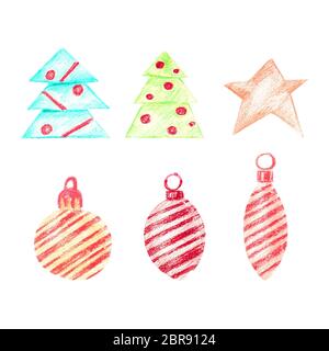 Set color pastello con alberi di Natale e giocattoli. Una raccolta di 3 albero di Natale decorazioni con strisce diagonali, una stella e due alberi di Natale. Isolat Foto Stock