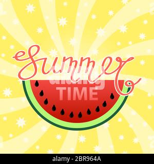 Testo per le vacanze con parte di Watermelon sul backgrund giallo Swirl Starry. Segno tipografico Aloha disegnato a mano per distintivo, icona, Banner, Tag, Foto Stock