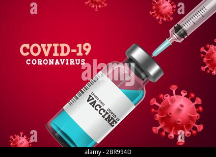 Banner vettore vaccino coronavirus. Covid-19 iniezione in flacone di vaccino coronavirus e siringa per il trattamento di immunizzazione di Covid19 su sfondo rosso. Illustrazione Vettoriale
