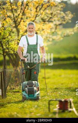 Ritratto di uomo senior di giardinaggio, prendersi cura della sua bella frutteto, ejoying attivamente il suo pensionamento Foto Stock