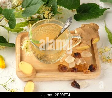 Tisana di fiori di tiglio in coppa di vetro a bordo Foto stock - Alamy