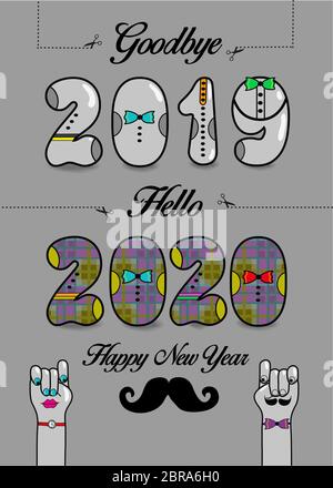 Arrivederci 2019. Ciao 2020. Felice anno nuovo. Numeri artistici con lacci e bottoni, testi neri e forbici. Cartoon mani maschili e femminili con occhi, l Foto Stock