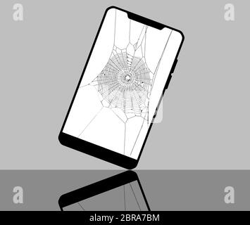 Sullo schermo di un telefono cellulare viene visualizzata una rete di ragni. Gli schermi incrinati assomiglia a ragnatele. I telefoni Damged è il tema. Illustrazione Vettoriale