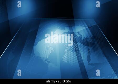 Globo terrestre all'interno del grande schermo piatto TV, sfondo tema blu. Illustrazione 3d Foto Stock