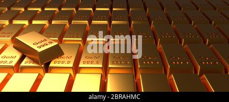 Impilati sottili barre di oro su sfondo chiaro, rendering 3d, concetto finanziario Foto Stock