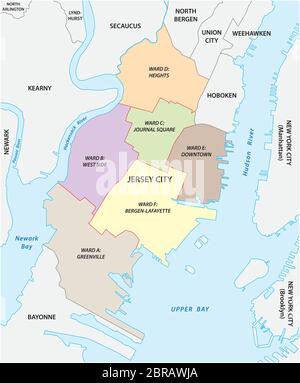 Mappa vettoriale di Ward della città di Jersey City, New Jersey, Stati Uniti Illustrazione Vettoriale