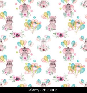 Modello senza cuciture di animali cute del bambino con palloncini fiori su uno sfondo bianco. Elefante stampato per bambini, Rhino, festa di compleanno di Ippona Foto Stock