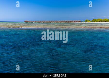 Isola di Dhigurah, Maldive. Dicembre 15. 2015: Maldive isola locale e porto con barche e carrelli commerciali. Porto tropicale Foto Stock