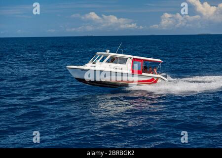 Ari Atoll, Maldive - 17 dicembre 2015: Motoscafo turistico che naviga in mare a Maldive, Oceano Indiano. Ormeggio motoscafo per il prelievo dei turisti Foto Stock