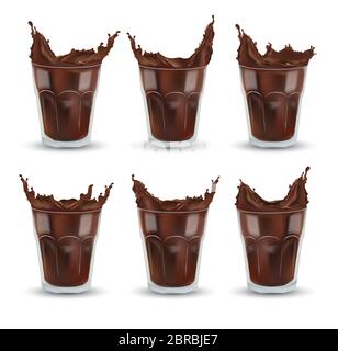 Un vero e proprio spruzzi di cioccolato nel vetro trasparente. Grande raccolta di cacao o caffè. Bevanda al cioccolato, cocktail isolato su sfondo bianco. Set di icone. illustrazione 3d. Foto Stock