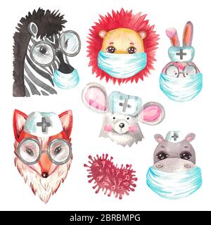 Acquerello illustrazione ritratto di un leone cub Zebra Bunny Fox Hippo infermiera mano dipinta medicina animali clipart medico Foto Stock