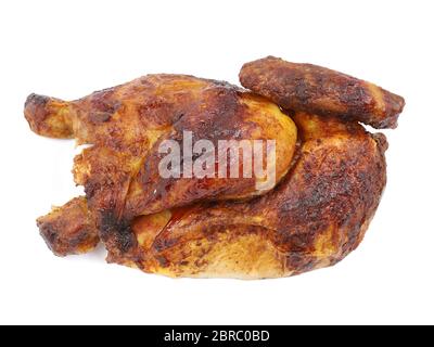mezzo pollo arrosto alla griglia bavarese isolato su sfondo bianco Foto Stock