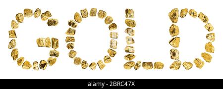 Word GOLD fatto di pietre dorate su sfondo bianco isolato primo piano, lettere in pepite oro lucido, iscrizione di rocce di metallo giallo, lusso Foto Stock