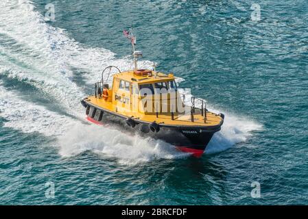 Miami, FL, Stati Uniti - 28 aprile 2019: Imbarcazione pilota basata su Miami che guida una nave verso il mare e utilizzata per navi da crociera e petroliere. Foto Stock