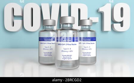 Flaconi di vaccino SARS-COV-2 rendering 3D su sfondo blu Foto Stock