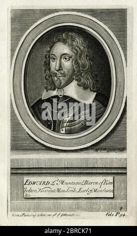 Edward Montagu (1602-1671), Barone Kimbolton e 2nd conte di Manchester, maggiore generale dell'Esercito del Parlamento nella prima guerra civile inglese e comandante supremo del Parlamento nella battaglia di Marston Moor del 1644. Incisione creata nel 1700s da Michael Vandergucht (1660-1725). Foto Stock