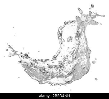 acqua contenente sapone e schizzi di bolle isolati su bianco Foto Stock