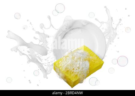 acqua contenente sapone spruzzando sulla piastra con spugna Foto Stock