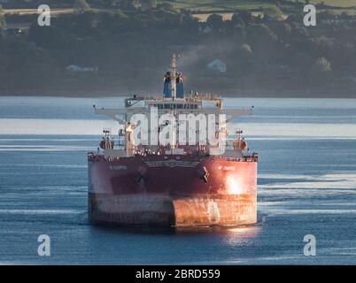 WhiteGate, Cork, Irlanda. 21 Maggio 2020. La petroliera NS Champion, di 244 metri, esce dal porto diretto alla UST-Luga in Russia dopo aver scaricato il suo carico di greggio nella raffineria Irving Oil di WhiteGate, Co. Cork, Irlanda. Dallo scoppio della pandemia di Covid-19, la domanda di petrolio è calata sui mercati internazionali, il che ha comportato una carenza di capacità di stoccaggio in tutto il mondo. - credito; David Creedon / Alamy Live News Foto Stock