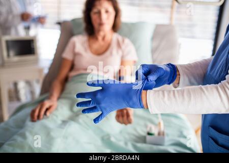 Medico irriconoscibile con paziente a letto in ospedale, indossando guanti. Foto Stock