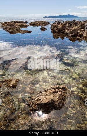 Pukerua Bay e Kapiti Island, Porirua, Wellington Region, Kapiti Coast, NorthIsland, Nuova Zelanda Foto Stock