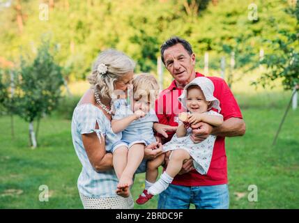 Nonni senior con nipoti per bambini all'aperto in giardino in estate. Foto Stock