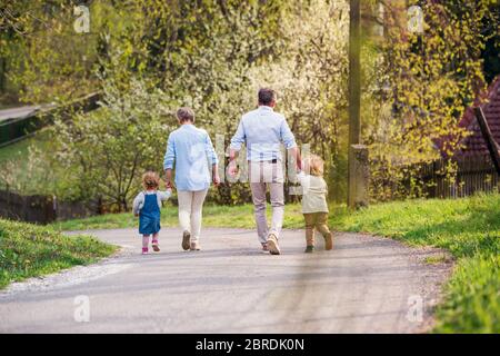 Nonni anziani con nipoti che camminano su strada in primavera. Foto Stock