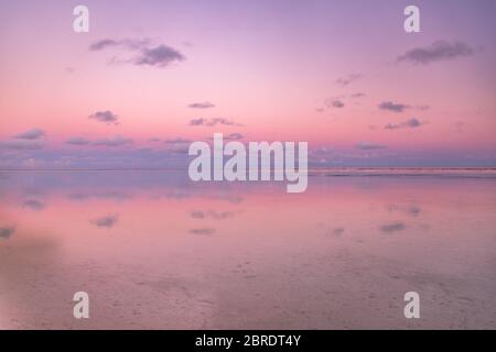 Calma e tranquillo tramonto zen in spiaggia con splendidi colori rosa e rosso con riflessi sull'acqua. Mare tranquillo e orizzonte Foto Stock