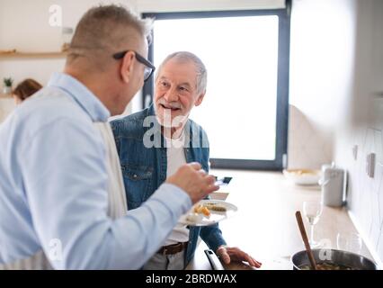 Gruppo di amici senior a cena a casa, cucina. Foto Stock