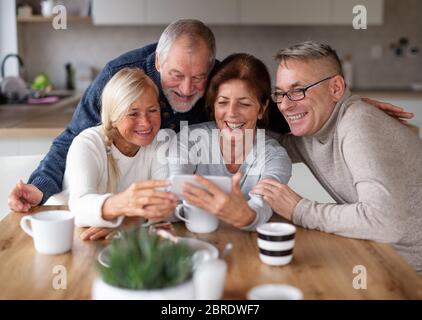 Gruppo di amici senior a casa, prendendo selfie. Foto Stock